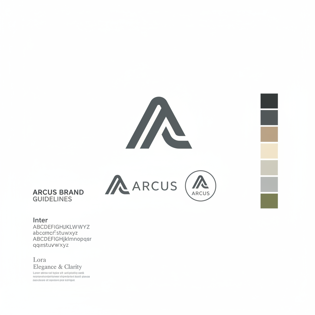 Brand identity design suite showing logo variations, color palette swatches and typography samples on white background