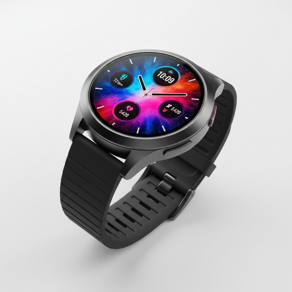 Smart fitness watch on wrist showing health metrics, clean minimal bright background