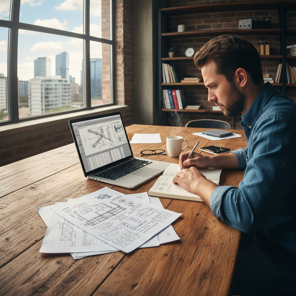 Developer reviewing structural engineering data on a laptop at a wooden table with hand-drawn notes beside it