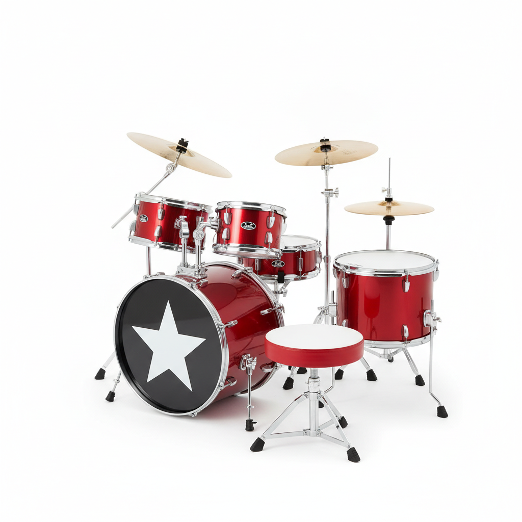 Small child-sized red drum kit on a white background