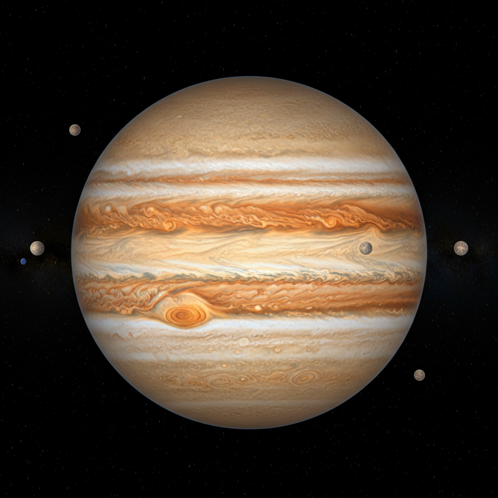 Deep space photograph showing Jupiter and its moons, swirling storm bands, dark star field