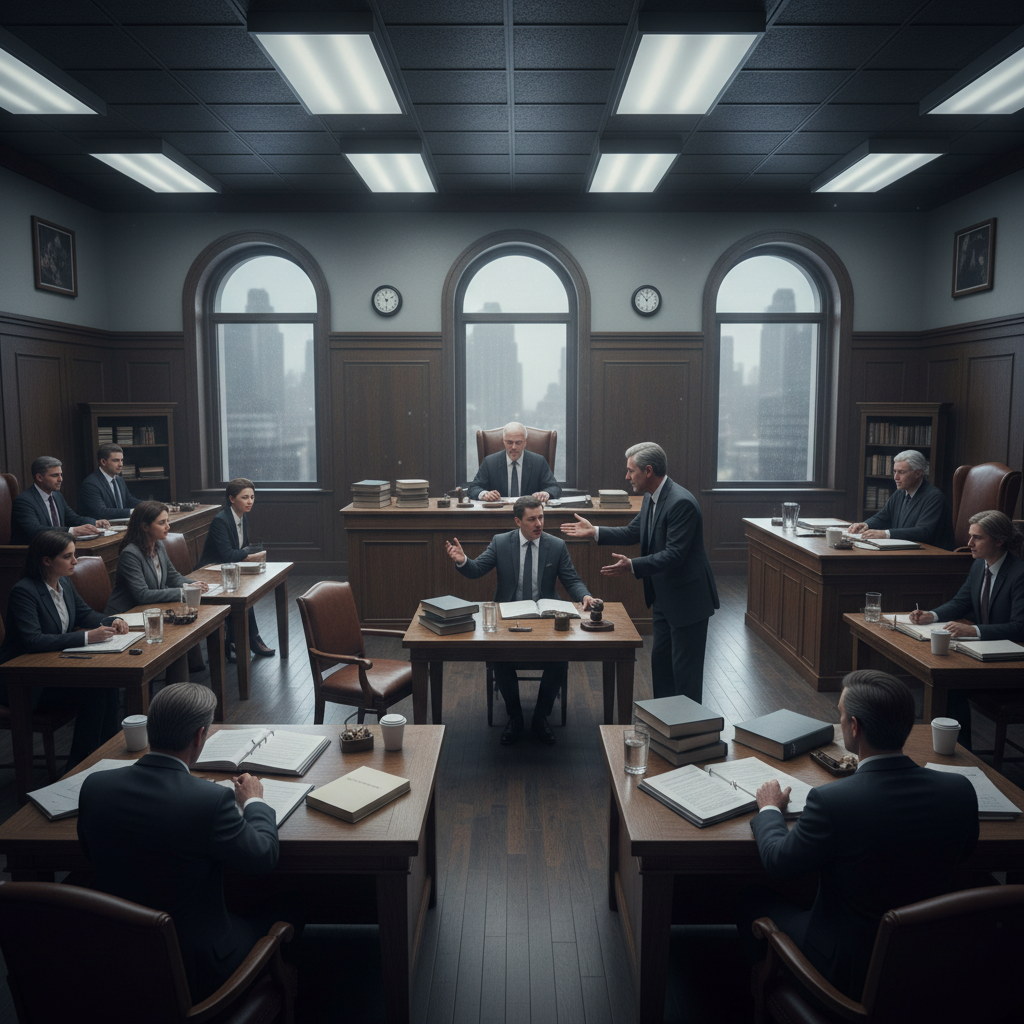 Courtroom with dark wood panels, dim atmospheric lighting, dramatic shadows
