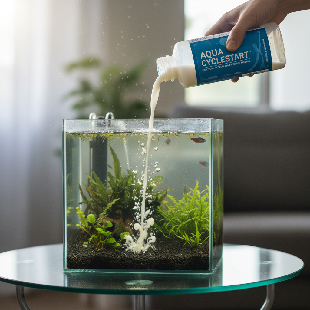 Aqua CycleStart bottle being dosed into a freshwater planted aquarium with visible water clarity