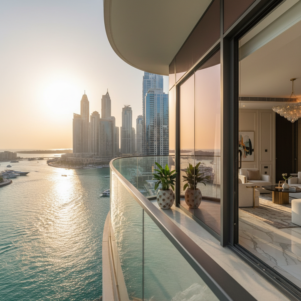 Luksuzna panorama Dubaja s sodobnimi nebotičniki in zlatim sončnim zahodom