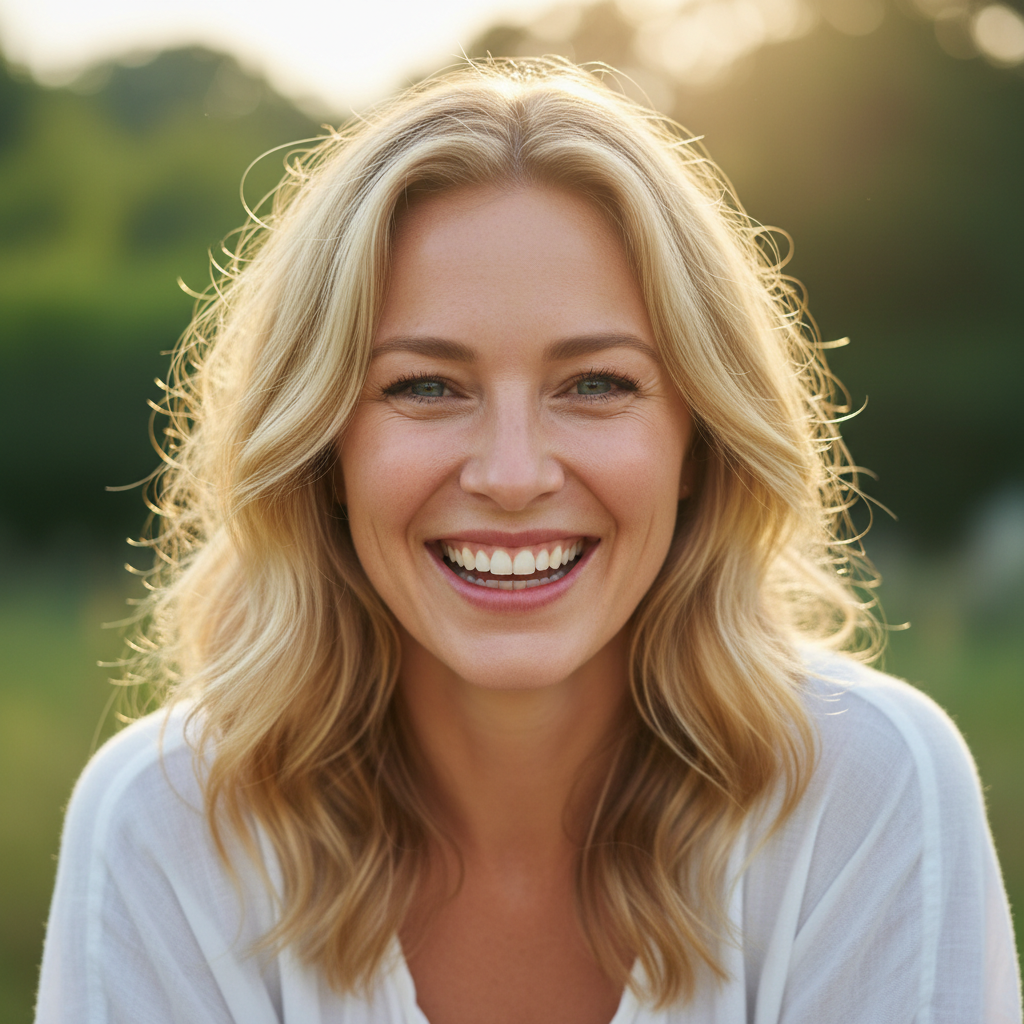 Happy client with short dark hair smiling, bright studio background