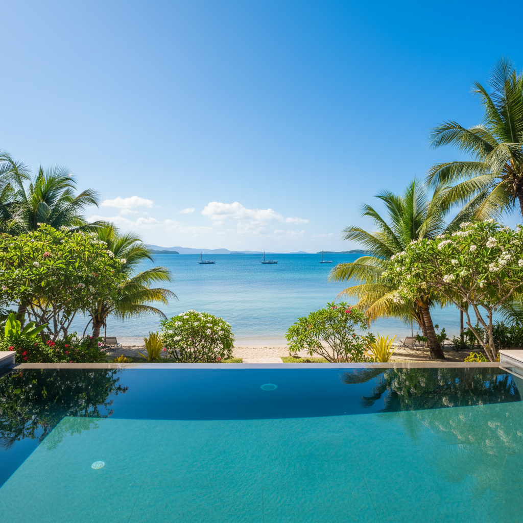 Infinity pool with crystal blue water overlooking tropical ocean, sunset sky, luxury resort setting
