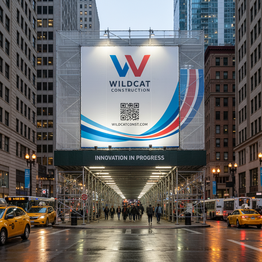 Wide shot of a Chicago city block with scaffolding covered in large brand graphics spanning the full sidewalk length