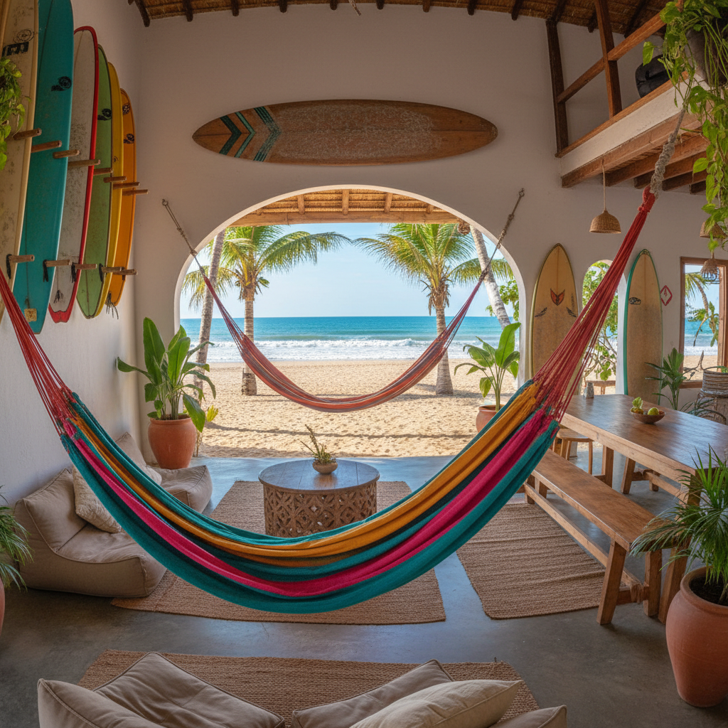 Relaxed beach hostel lounge area with hammocks, natural rattan furniture, white walls with surf art, golden sunlight and coastal breezes