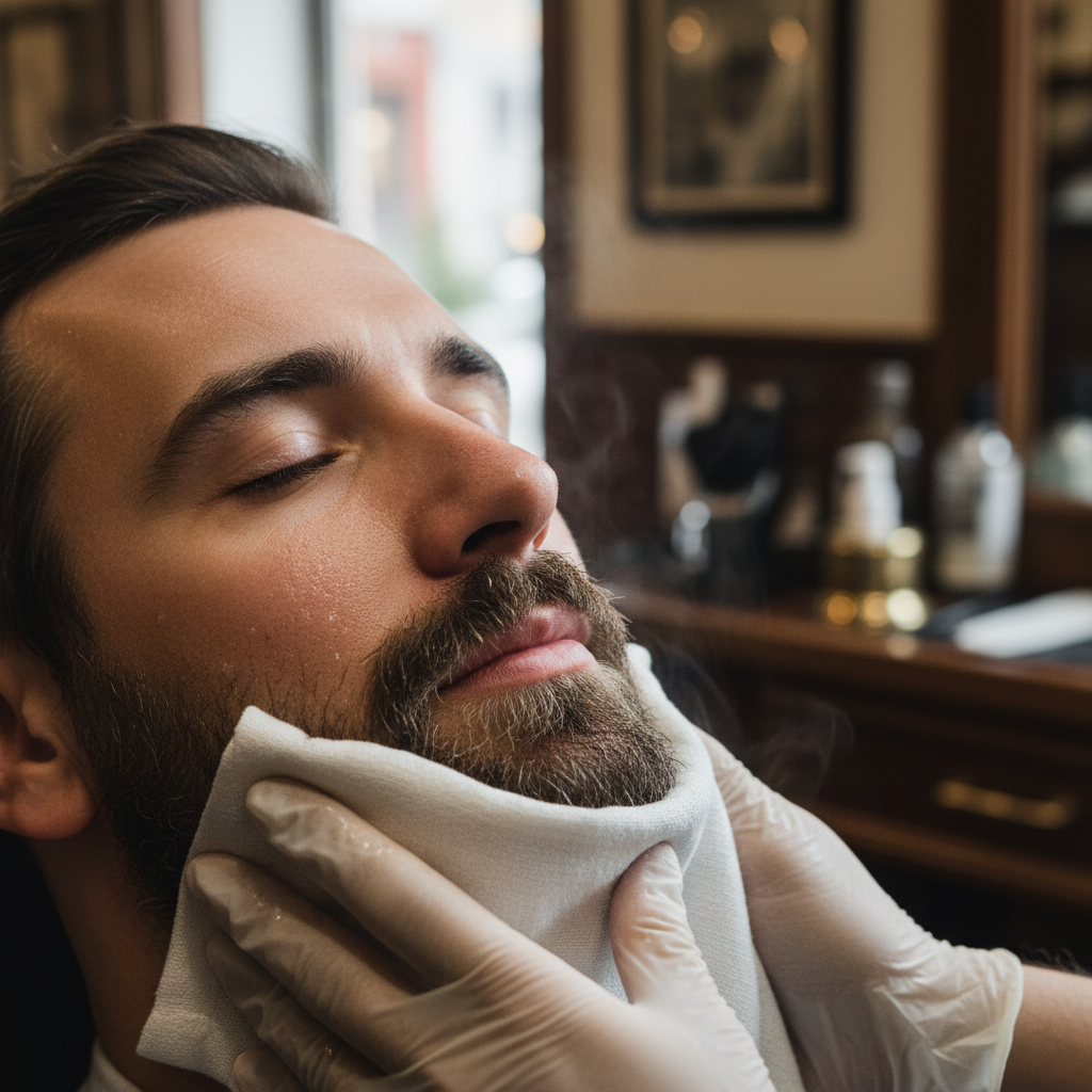 Traditioneel scheermes scheren met warme handdoek behandeling in barbershop