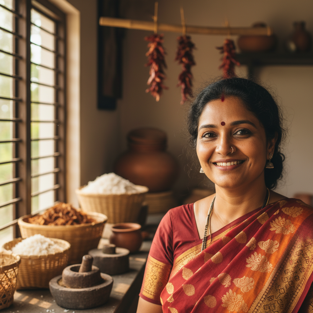 Portrait of Savitri Naik, Malvani cook, confident expression, coastal kitchen with coconut shells