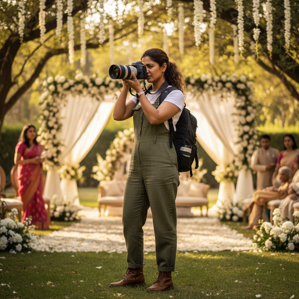 Priya Nair, Indian documentary photographer with camera at outdoor festival