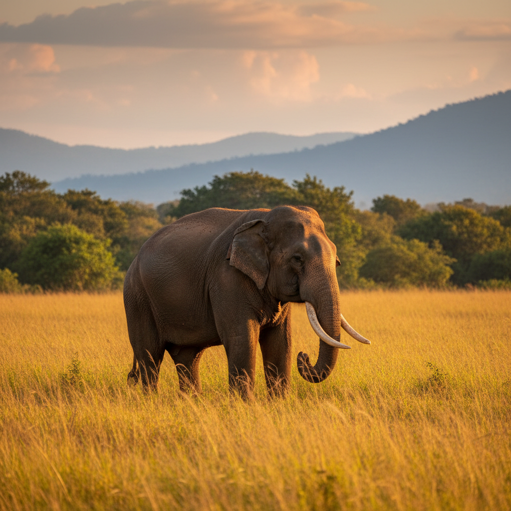 Wild elephant herd in Yala National Park Hambantota Sri Lanka, dry savanna landscape, golden afternoon light