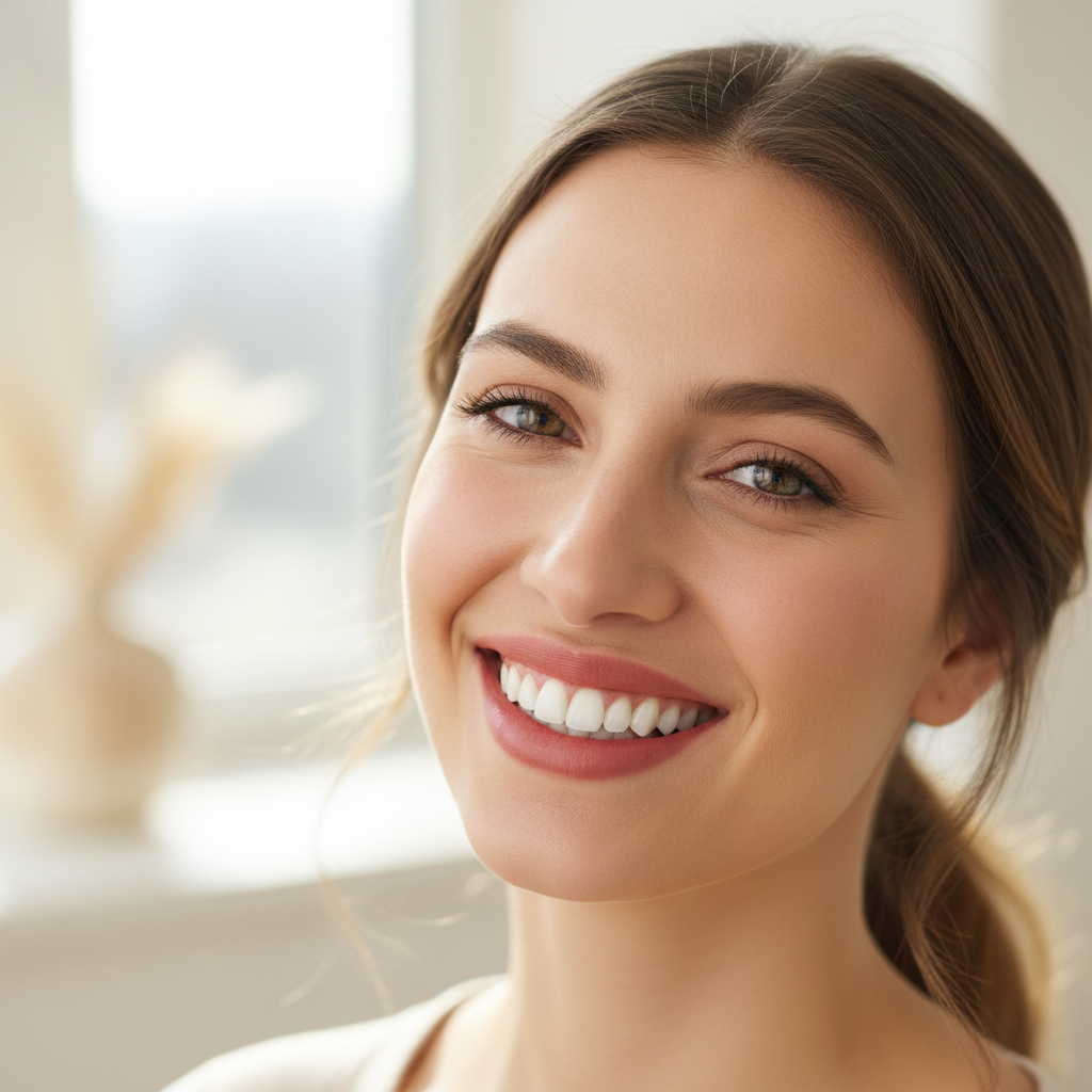 Woman with radiant confident smile showing dental results