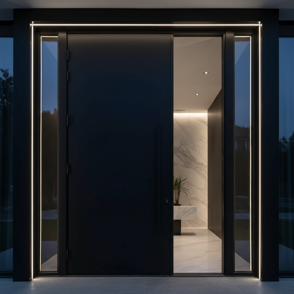Frameless pivot glass door in luxury residential entrance hall