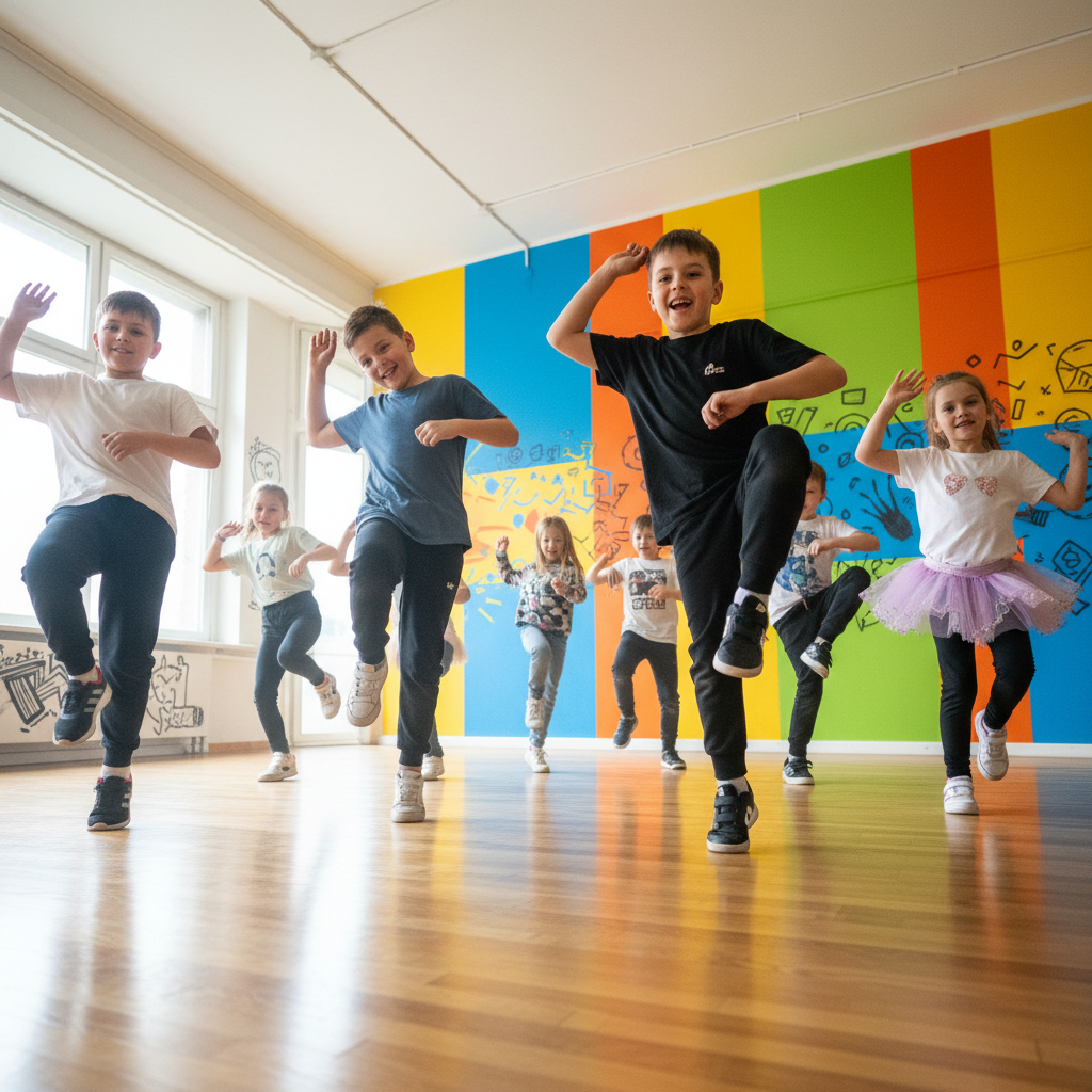 Kids freestyling in a bright dance studio at waist height