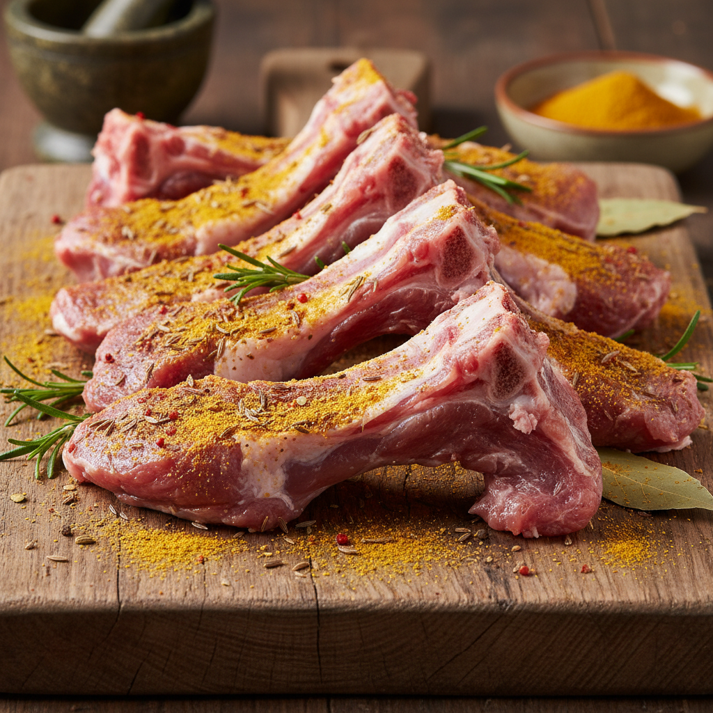 Raw lamb chops arranged on stone surface, pale pink meat with white fat cap