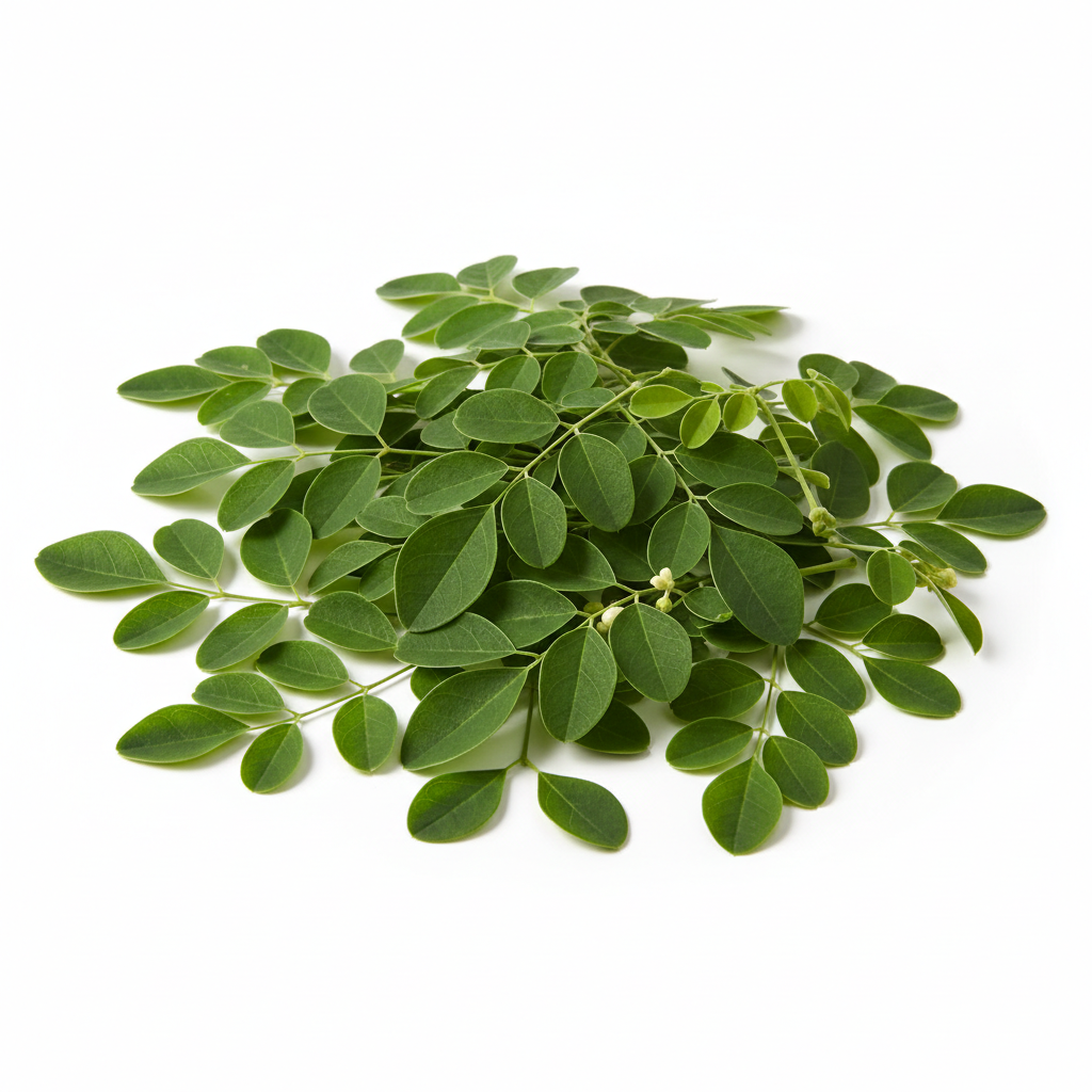 Green moringa leaf powder in wooden spoon with fresh moringa leaves, superfood herbal export