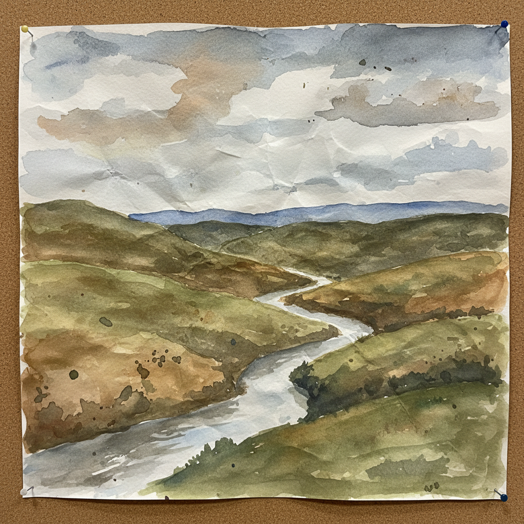 Student grade watercolor painting with muddy colors and buckling paper