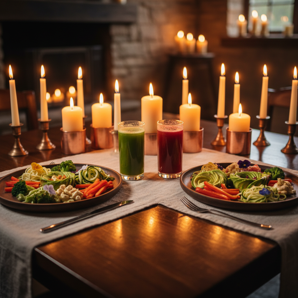 Candlelit table set for two with raw food dishes and pressed juice glasses