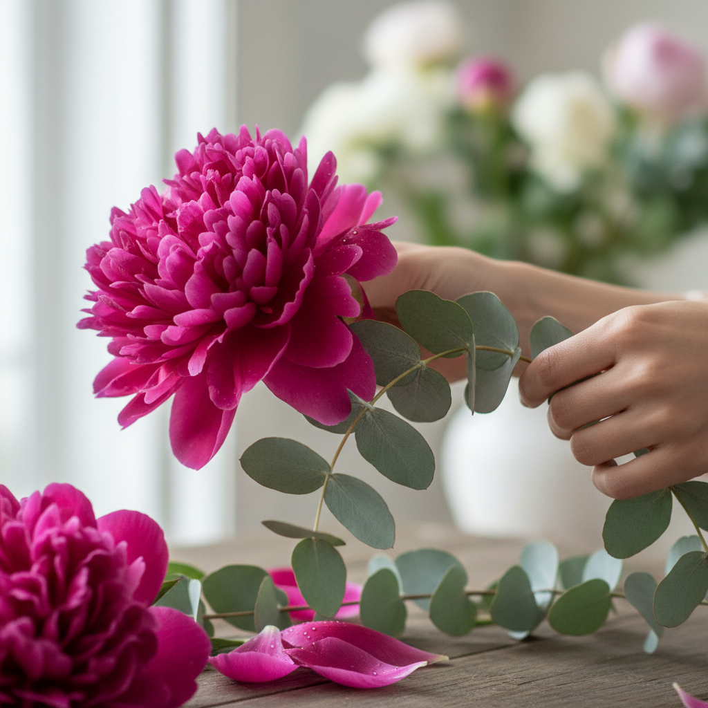 Close detail of deep pink peonies and trailing eucalyptus being arranged by hands on a marble surface
