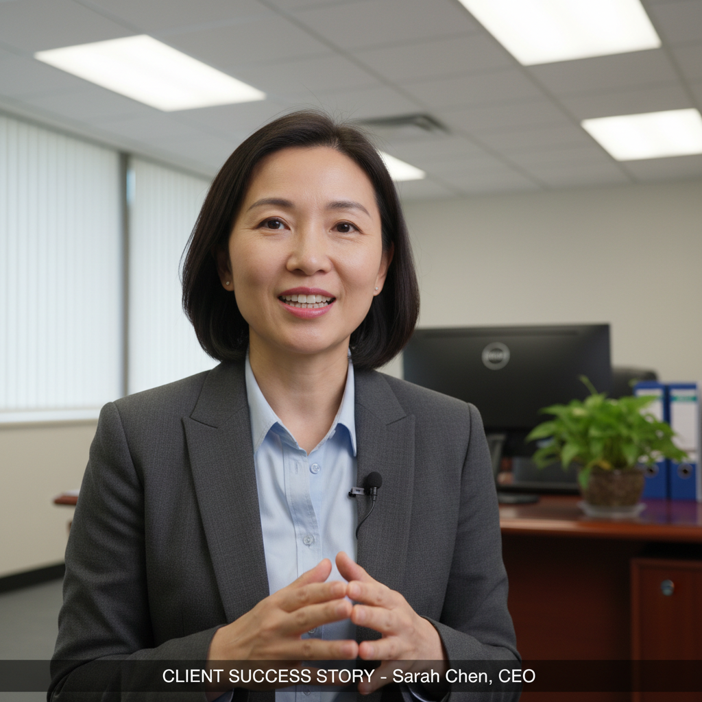 Patient giving a video testimonial in a comfortable healthcare office setting with professional lighting
