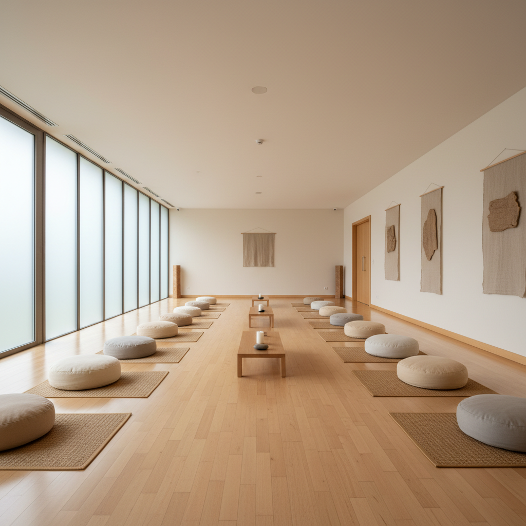 Serene meditation space with warm morning light streaming through large windows