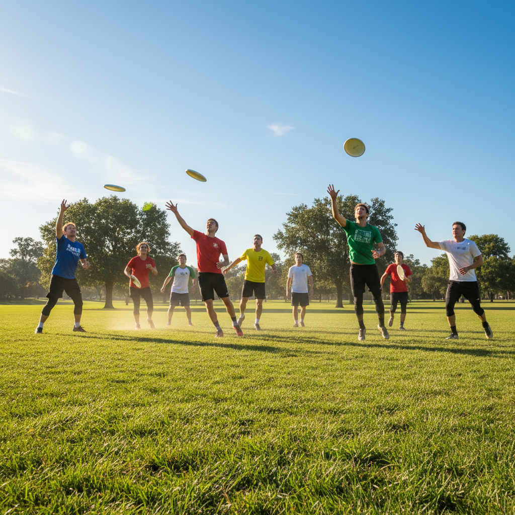 Recreational ultimate frisbee players mid-game on a sunny park field with mixed age group