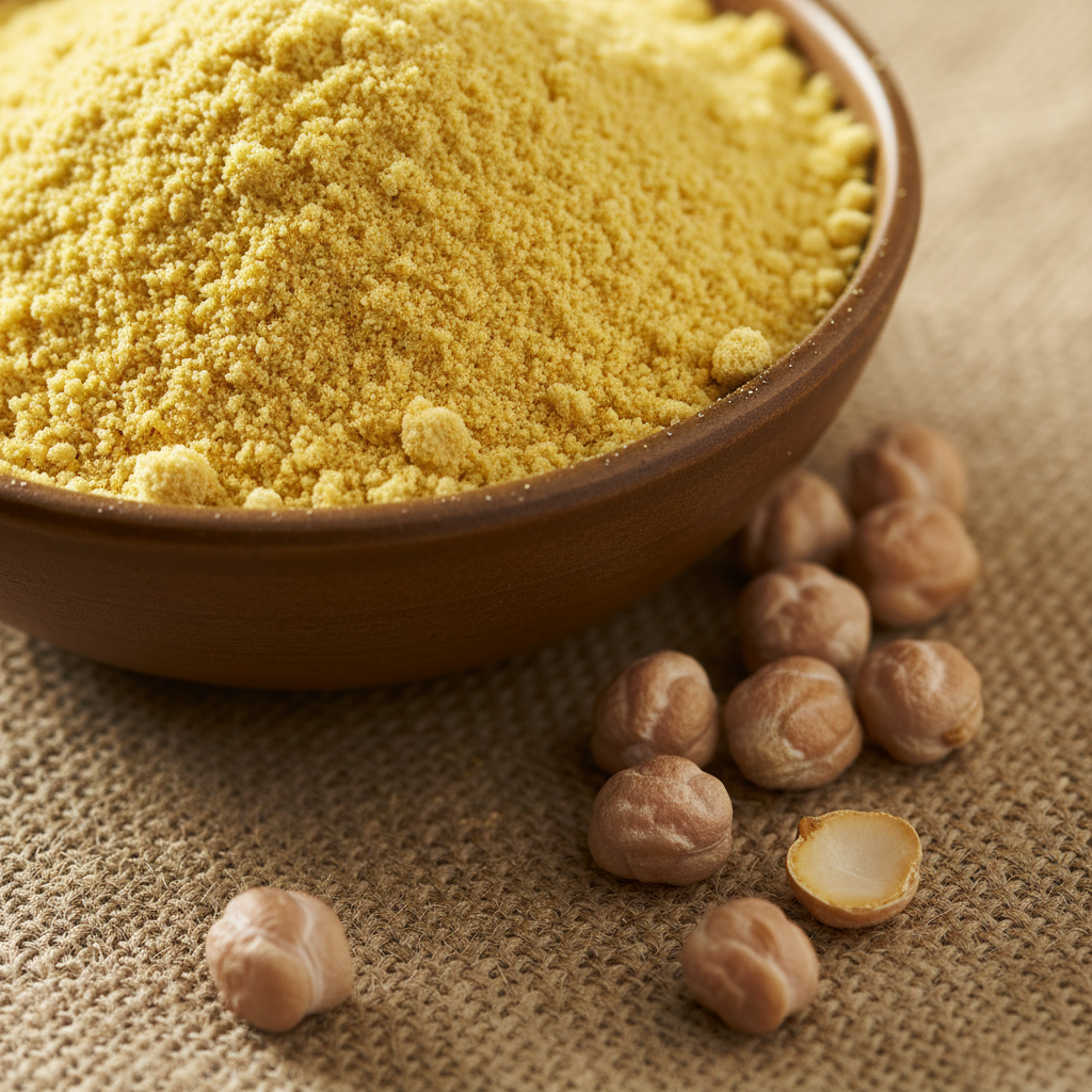 Golden besan chickpea flour being poured from a steel vessel into a bowl in a bright Indian kitchen, warm sunlight, rich golden tones