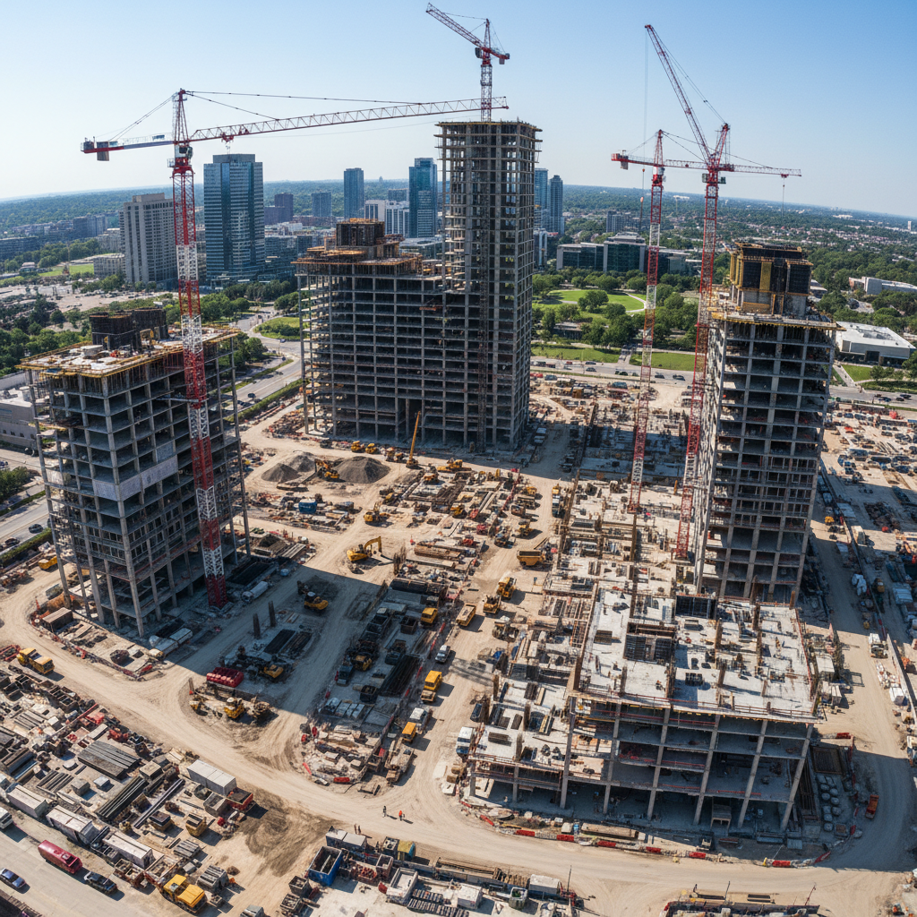 Aerial view of modern construction site with cranes, concrete structures and urban development in progress
