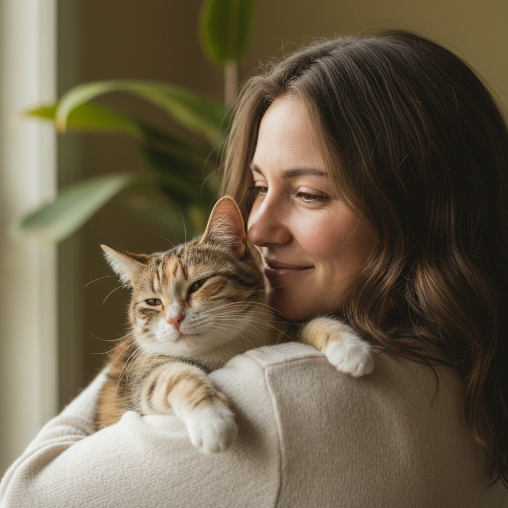 Priya Nambiar, overnight specialist, photographed in a home environment with a cat, editorial black and white portrait