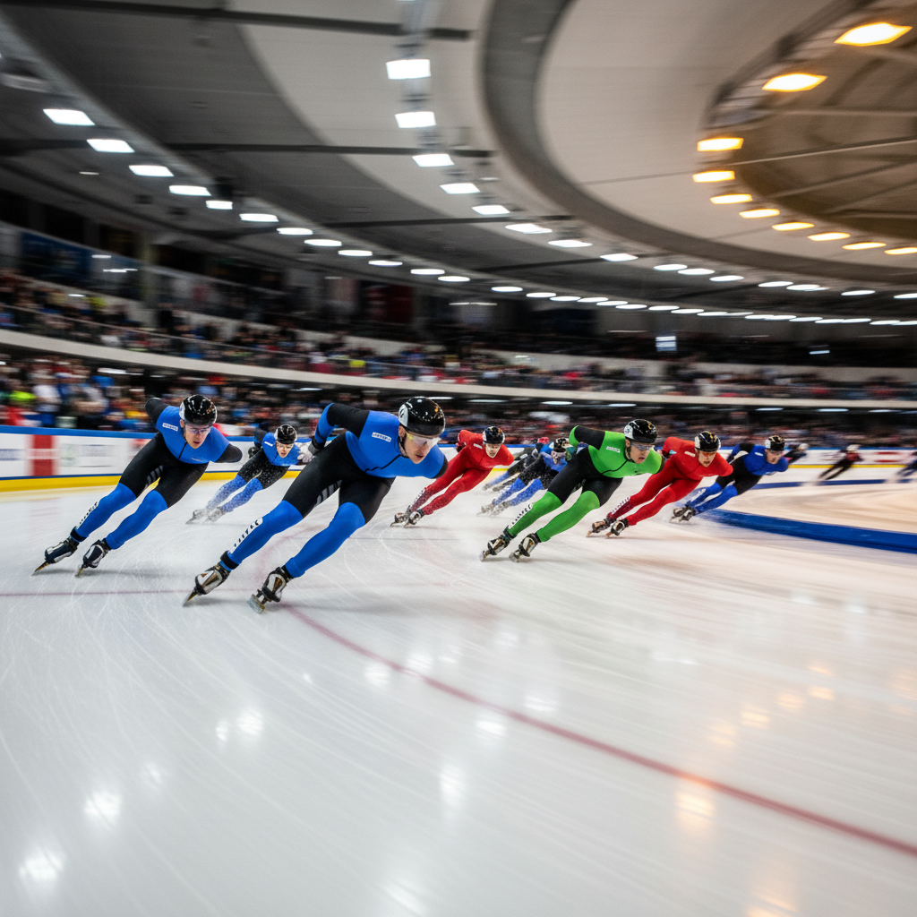 Pack of speed skaters mid-corner at ice level, bodies tilted at sharp angles, blades throwing ice spray under sodium overhead lights