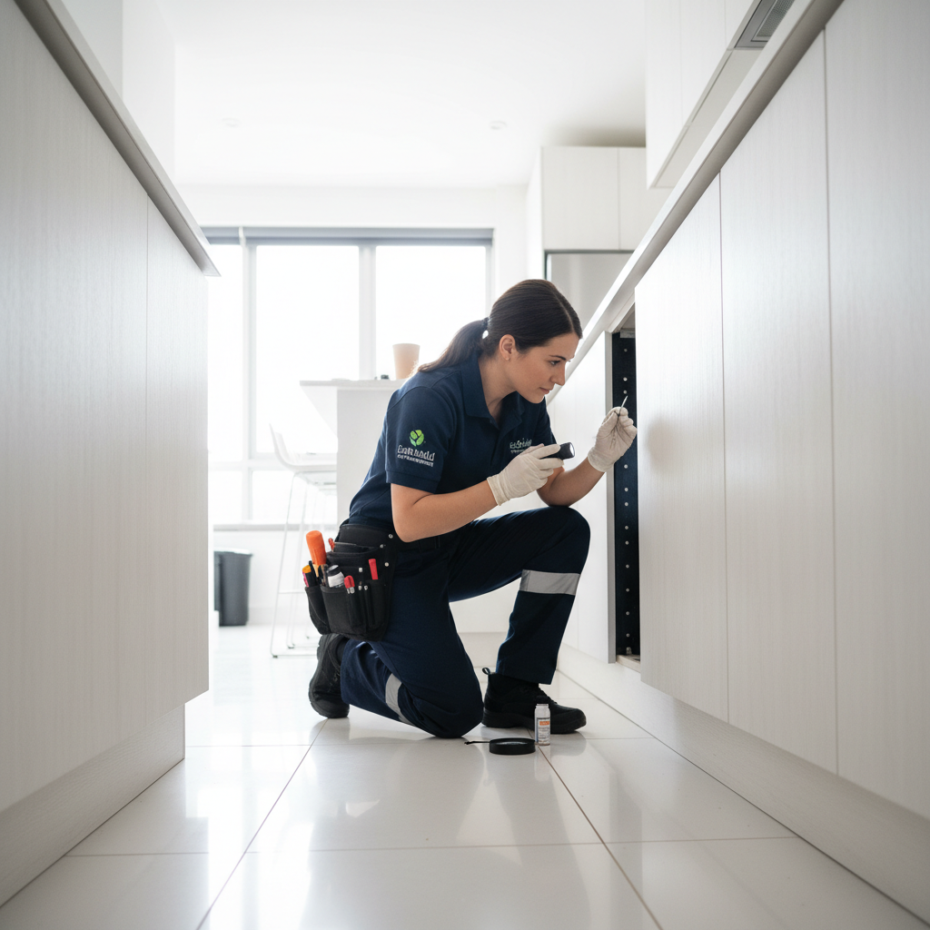 Priya Nair, Sweep insect specialist, inspecting a high-rise kitchen cabinet base for cockroach harbourage sites