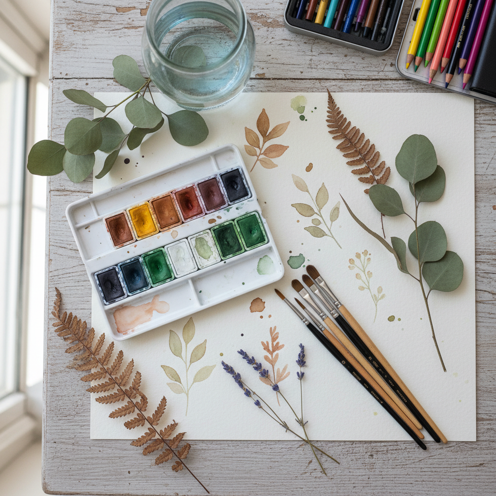 Overhead flatlay of watercolor palette, brushes, and botanical specimen on cream paper