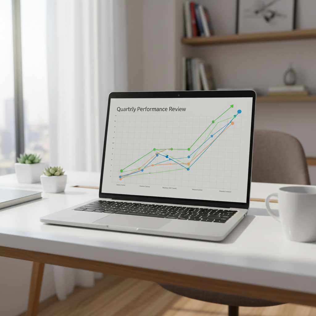 Revenue growth chart and financial graphs on screen showing upward trend in well-lit office