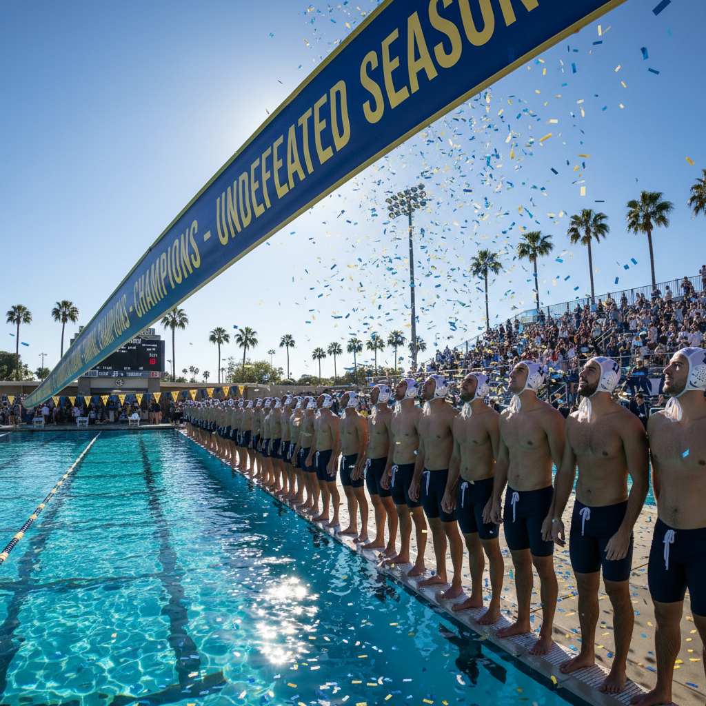 Championship banner ceremony at Pacific Coast tournament, players in white caps lined up at pool edge