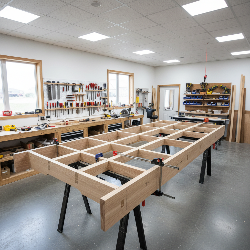 Workshop interior with smooth painted walls and clean concrete floor ready for trade use