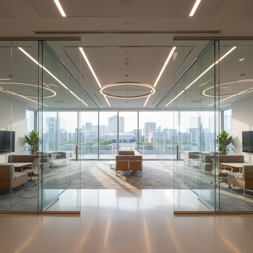 Contemporary office space in Mumbai with city skyline view and modern interior design