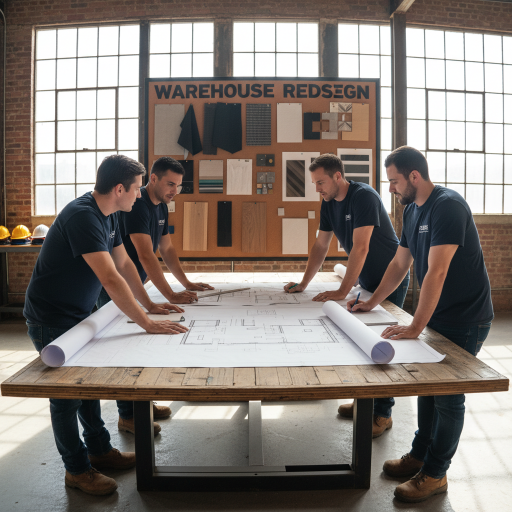 Furniture design workshop with product blueprints and material samples