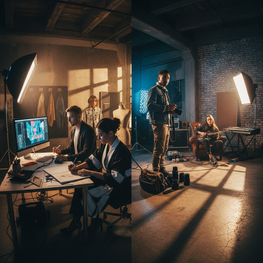 Group composite of four creative professionals in editorial lighting with layered shadow and grain