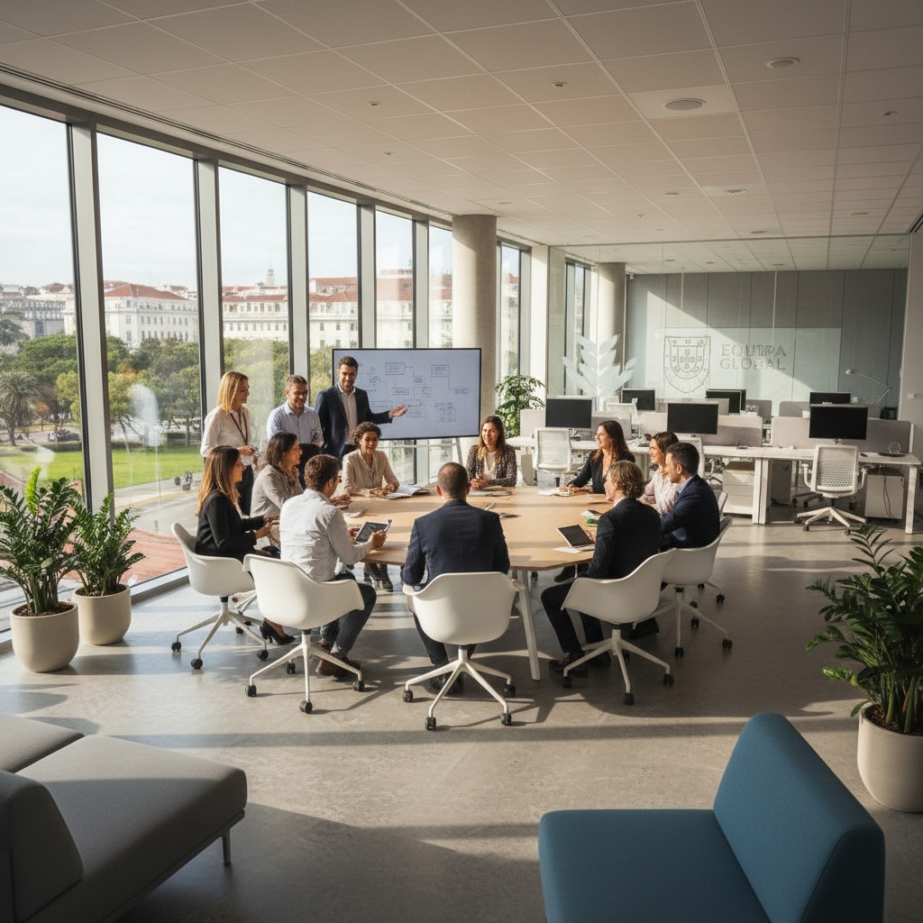 Professional food industry team meeting in a bright modern conference room with large windows