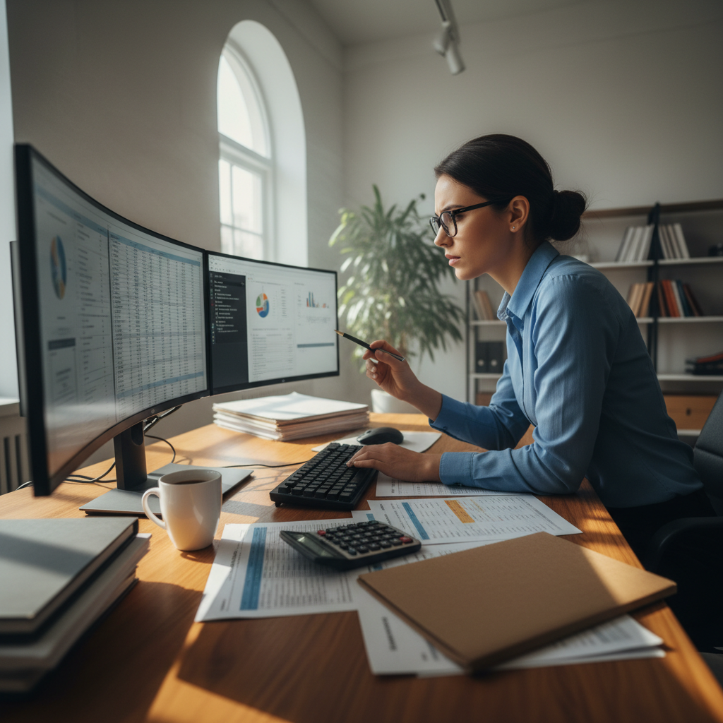 Accounting professional working on financial spreadsheets and GST returns