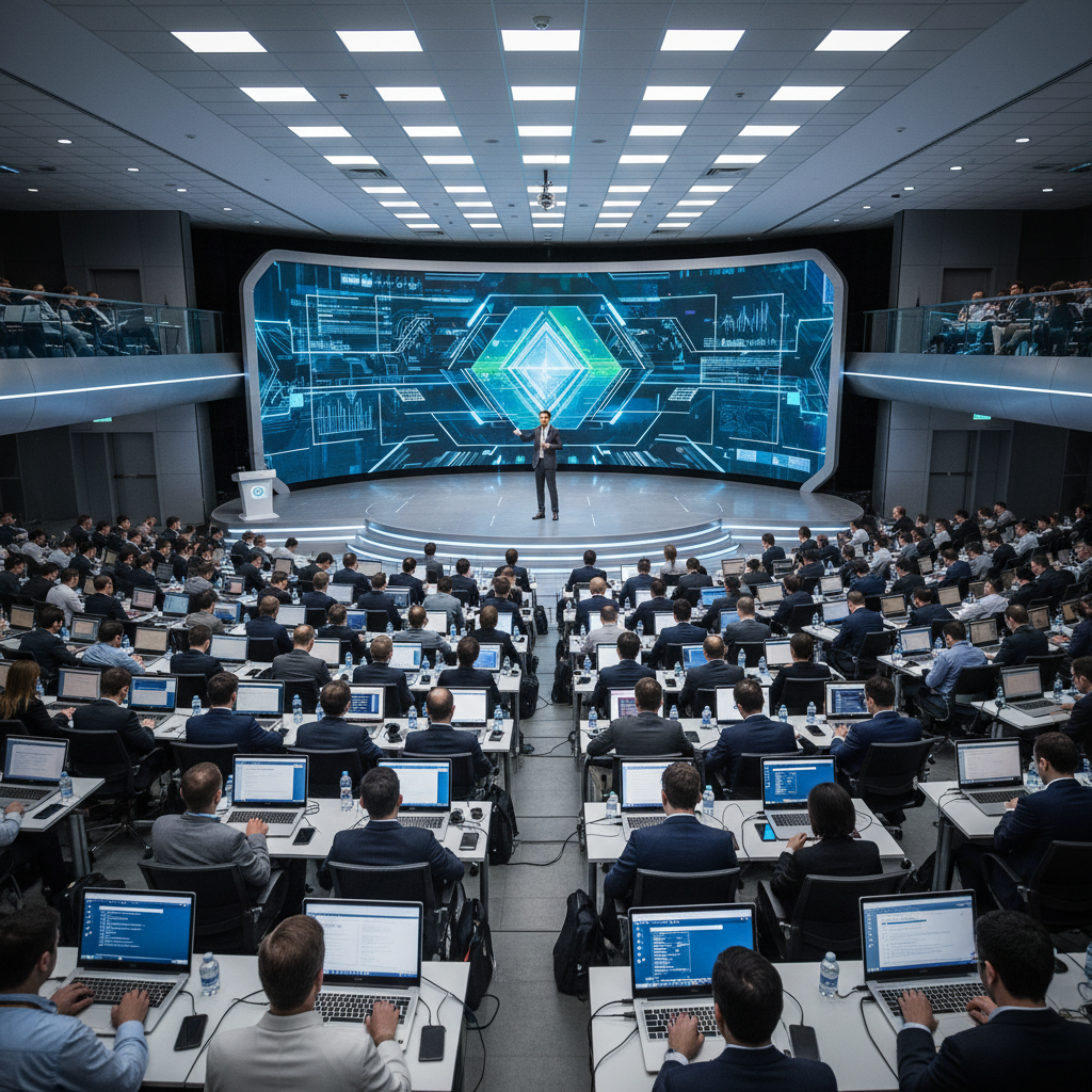Technology conference with speakers on stage presenting to a large audience in a modern convention center