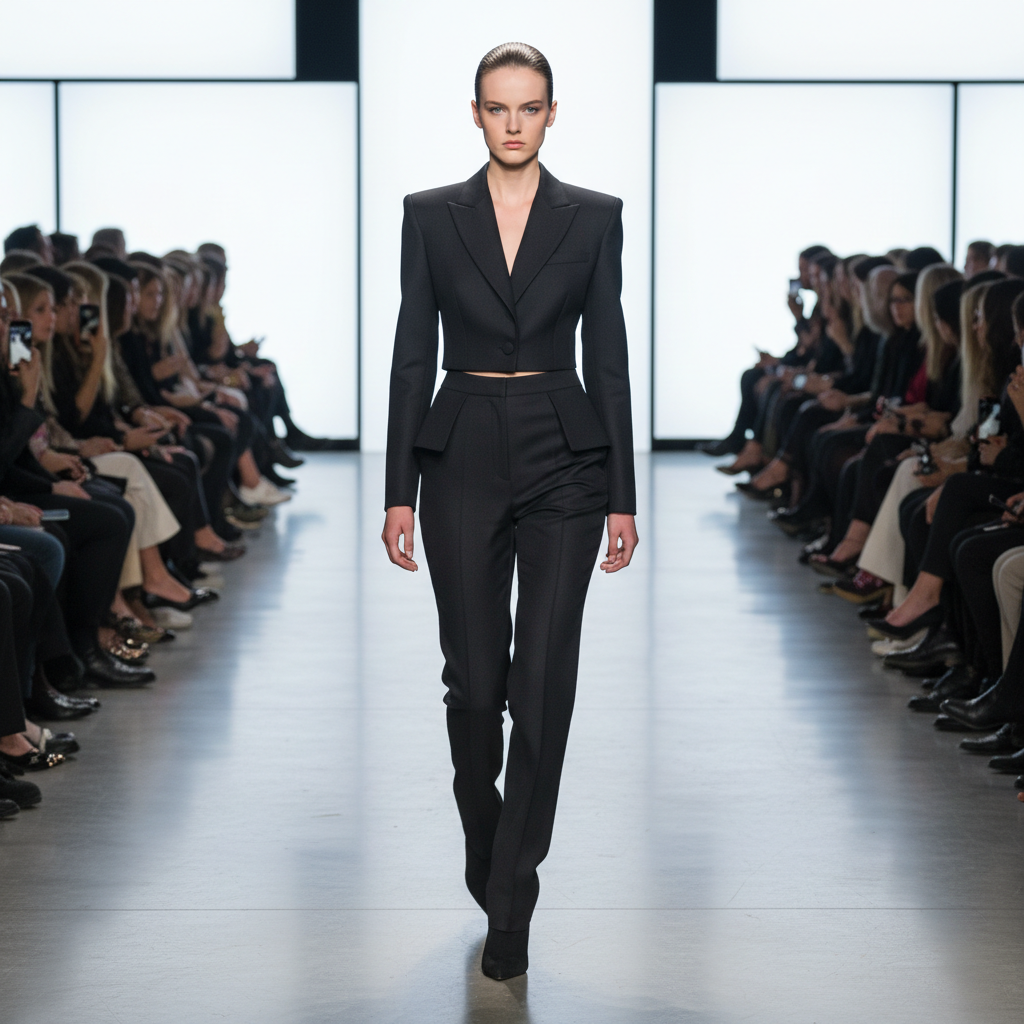 Bold fashion editorial with structured blazer, dramatic evening lighting, luxurious interior setting