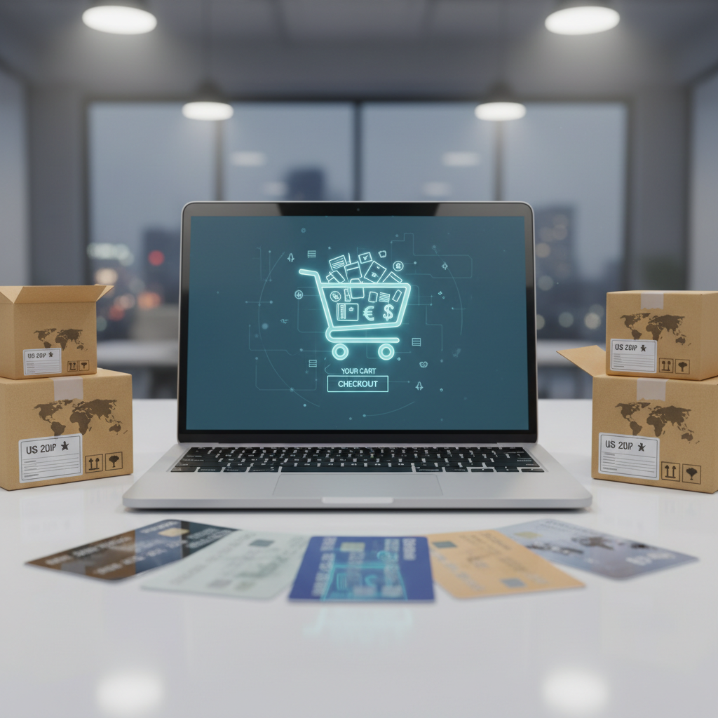 Online shopping scene with parcels and laptop on bright desk, warm South African morning light