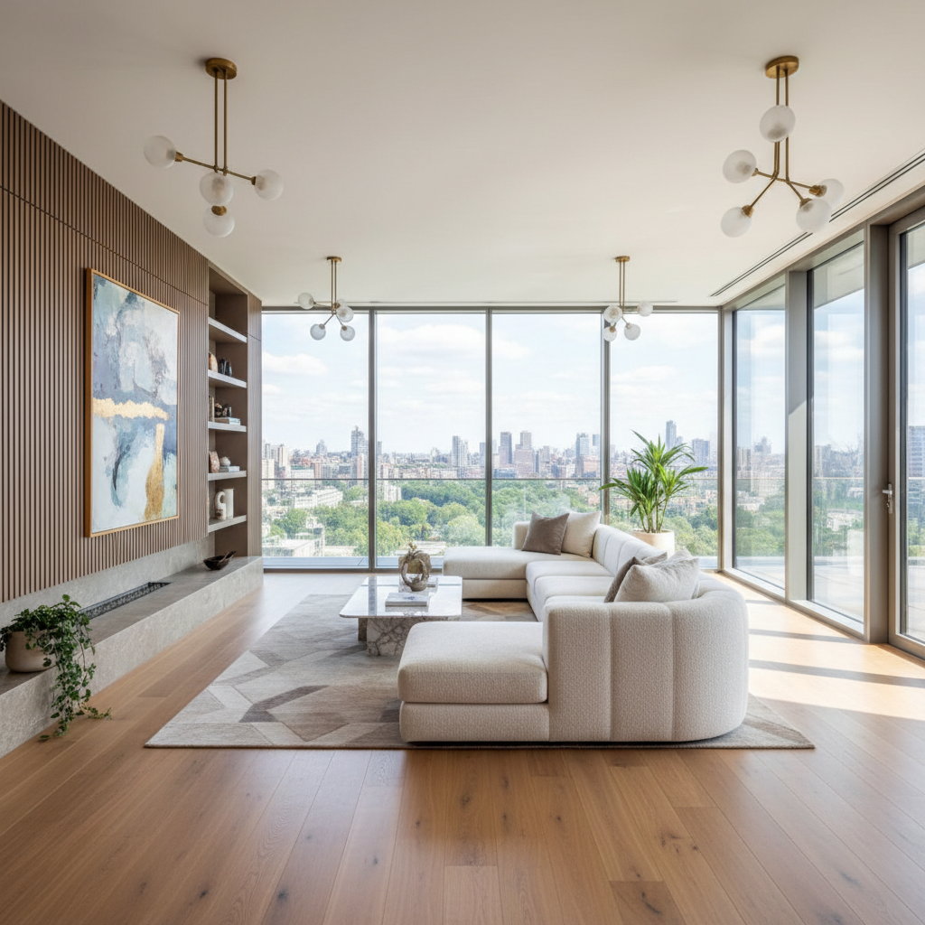 Beautifully renovated residential home interior with warm tones and hardwood floors