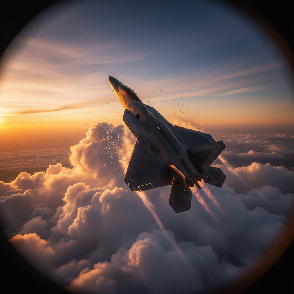 Luxury aircraft soaring above clouds at golden hour, dramatic sky with warm amber light, cinematic aerial perspective