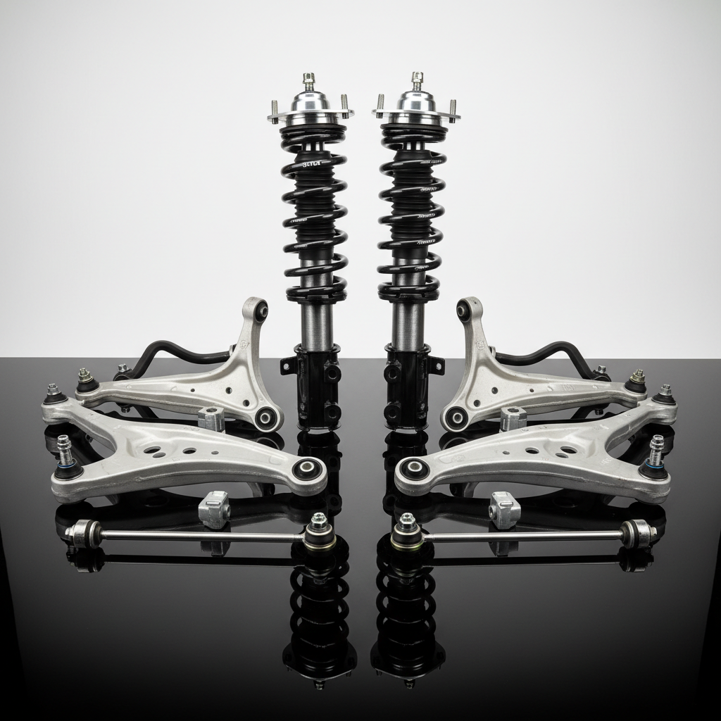 Suspension strut assembly and control arms on dark concrete floor in garage
