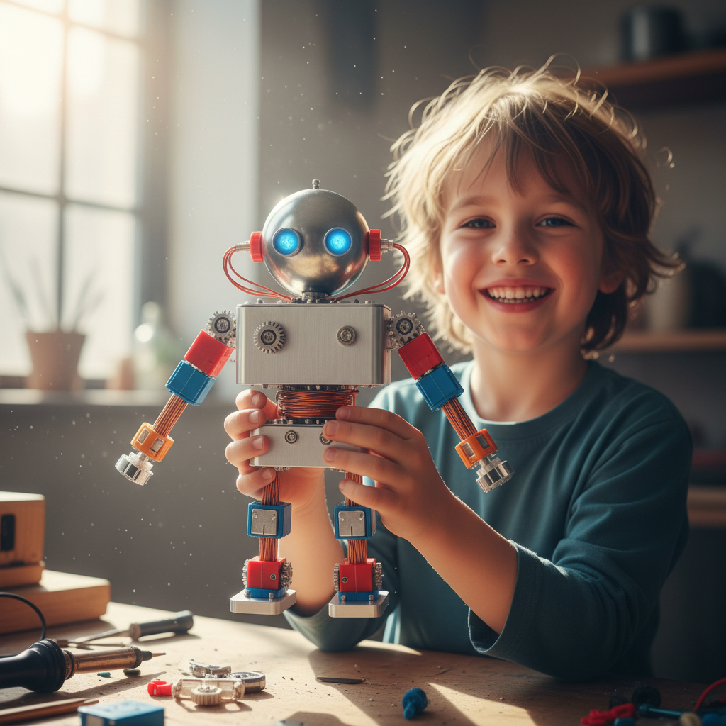 Child holding up a completed robot with a proud smile