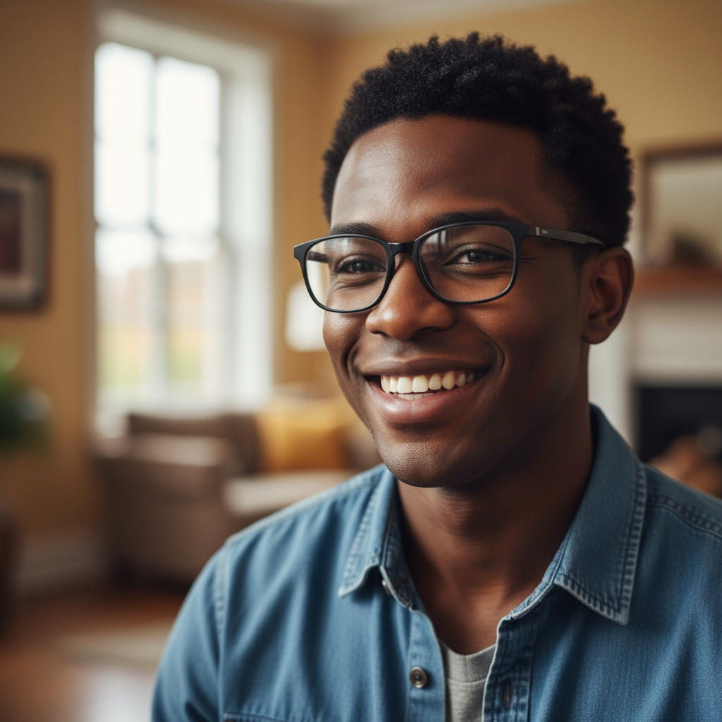 Portrait of a young Kenyan man with a warm smile wearing a casual shirt