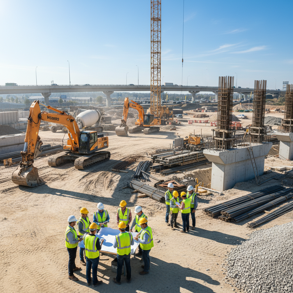 Group of workers in hard hats at a construction site planning session